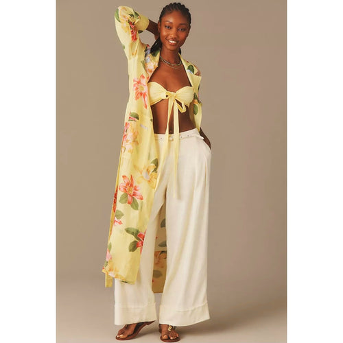 Sheer yellow floral trench coat, draped sleeves and tie waist belt
