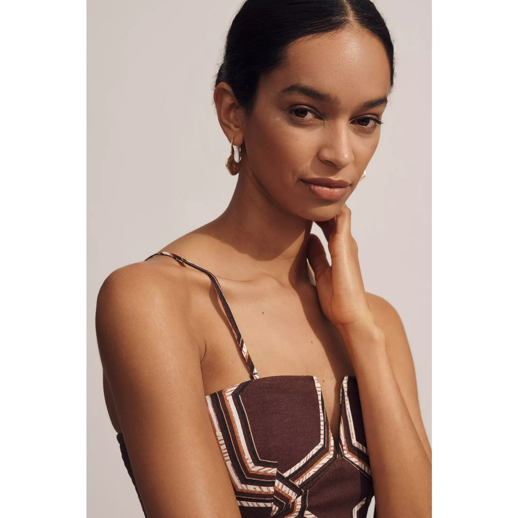 Anthropologie Strapless Linen Plunge-Neck Midi Dress $178 Size 16 Brown