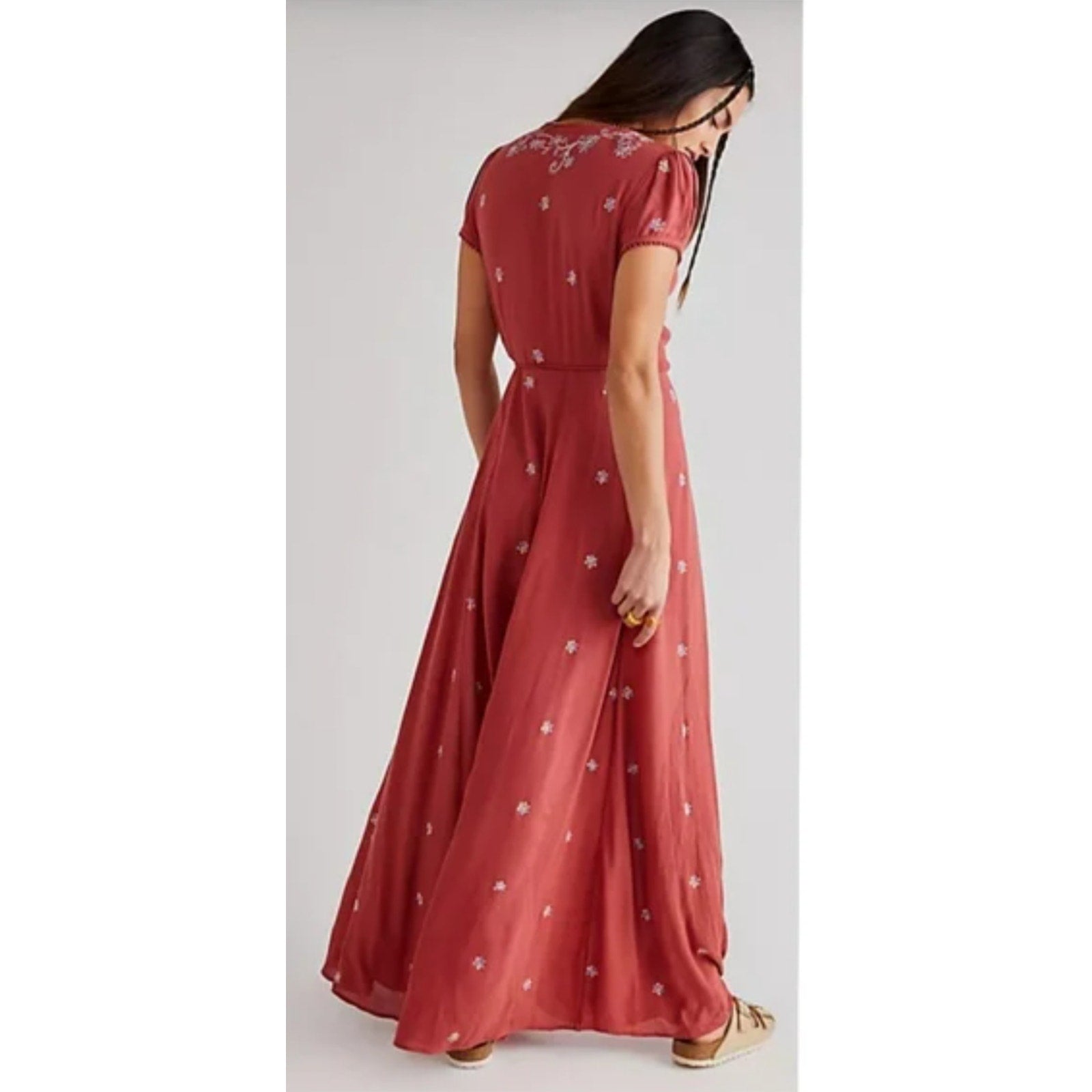 Free People Mia Wrap Boho Floral Embroidered Maxi Dress $168 X-SMALL