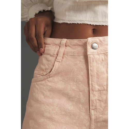 Light pink high-rise jeans with button waistband, belt loops, and side pocket