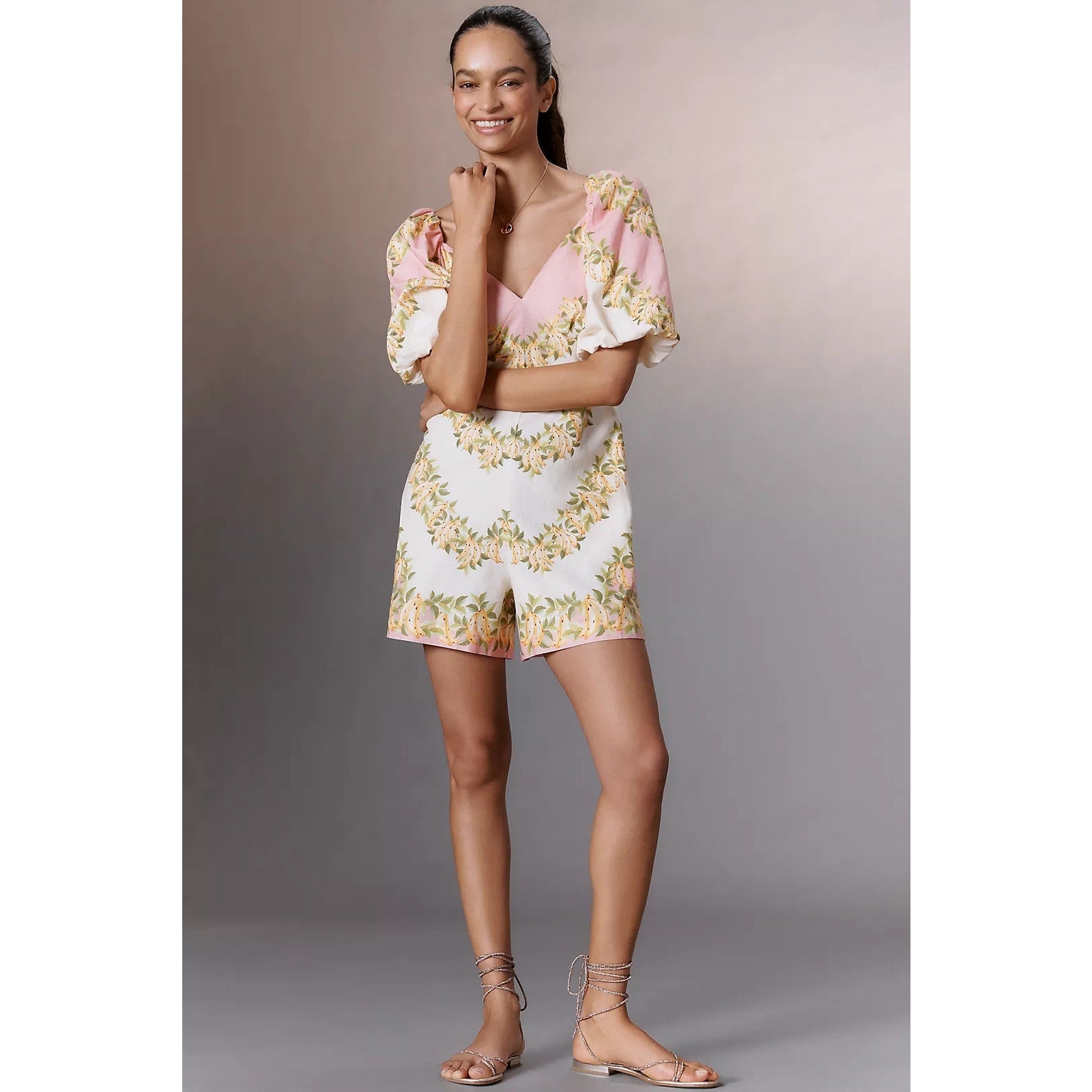 Farm Rio x Anthropologie V-Neck Puff-Sleeve Linen Blend Romper SMALL FARM Rio for Anthropologie