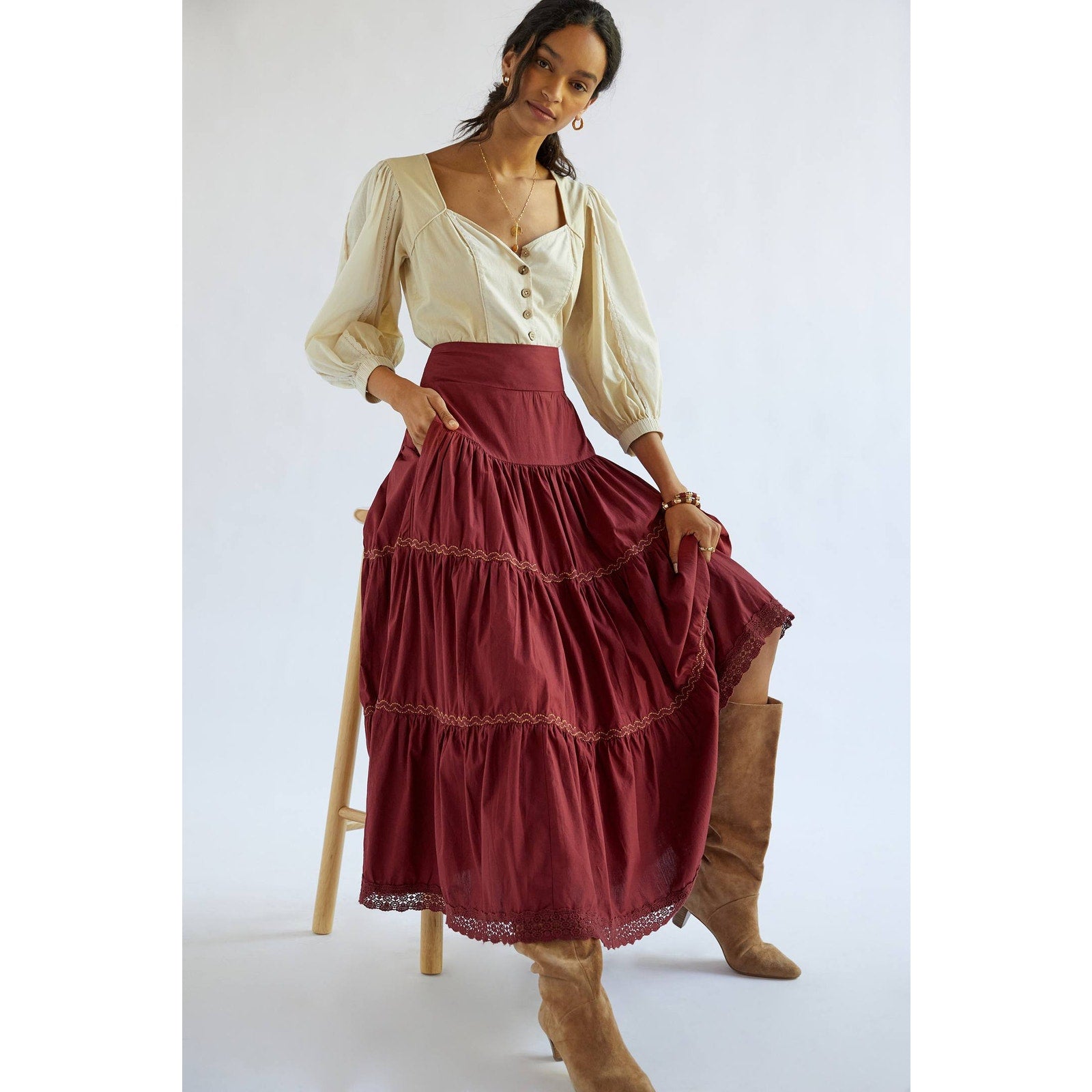 New Anthropologie Tiered Lace Maxi Skirt