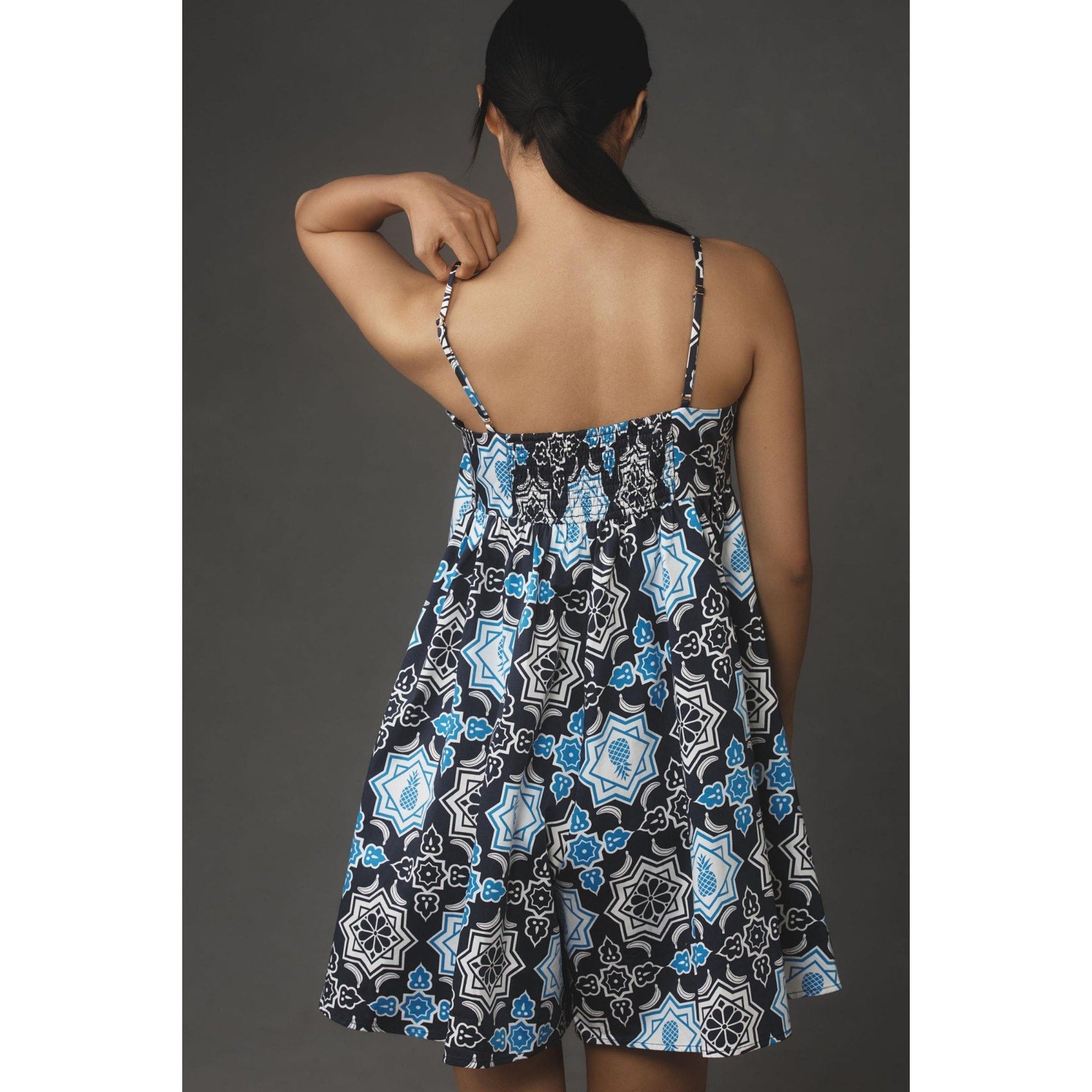 New Anthropologie Hutch Bandeau Romper $160 LARGE Blue Pineapple Smocked