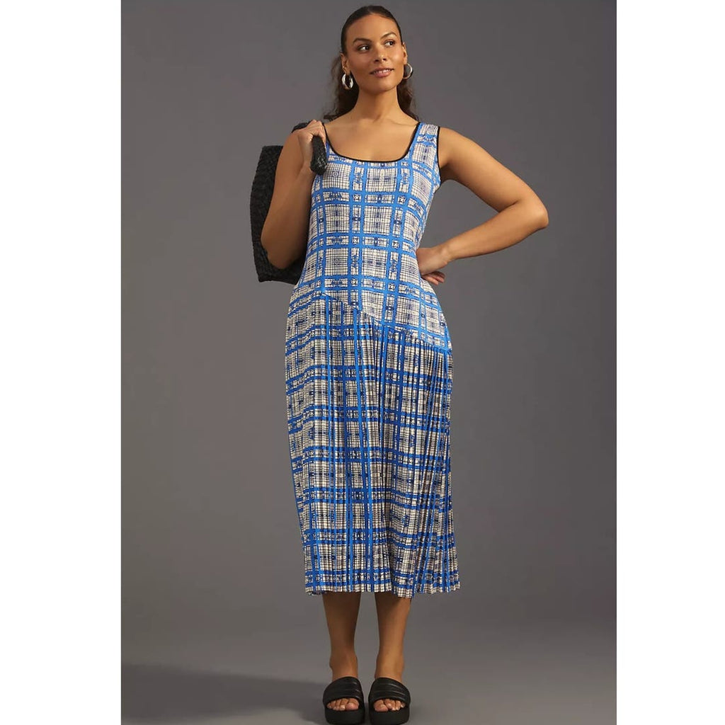 New Anthropologie Dhruv Kapoor Plaid Mesh Midi Dress $210 Blue X-Large Petite