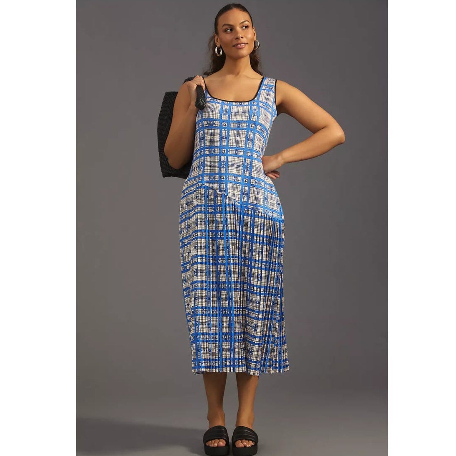 New Anthropologie Dhruv Kapoor Plaid Mesh Midi Dress $210 Blue X-Large Petite