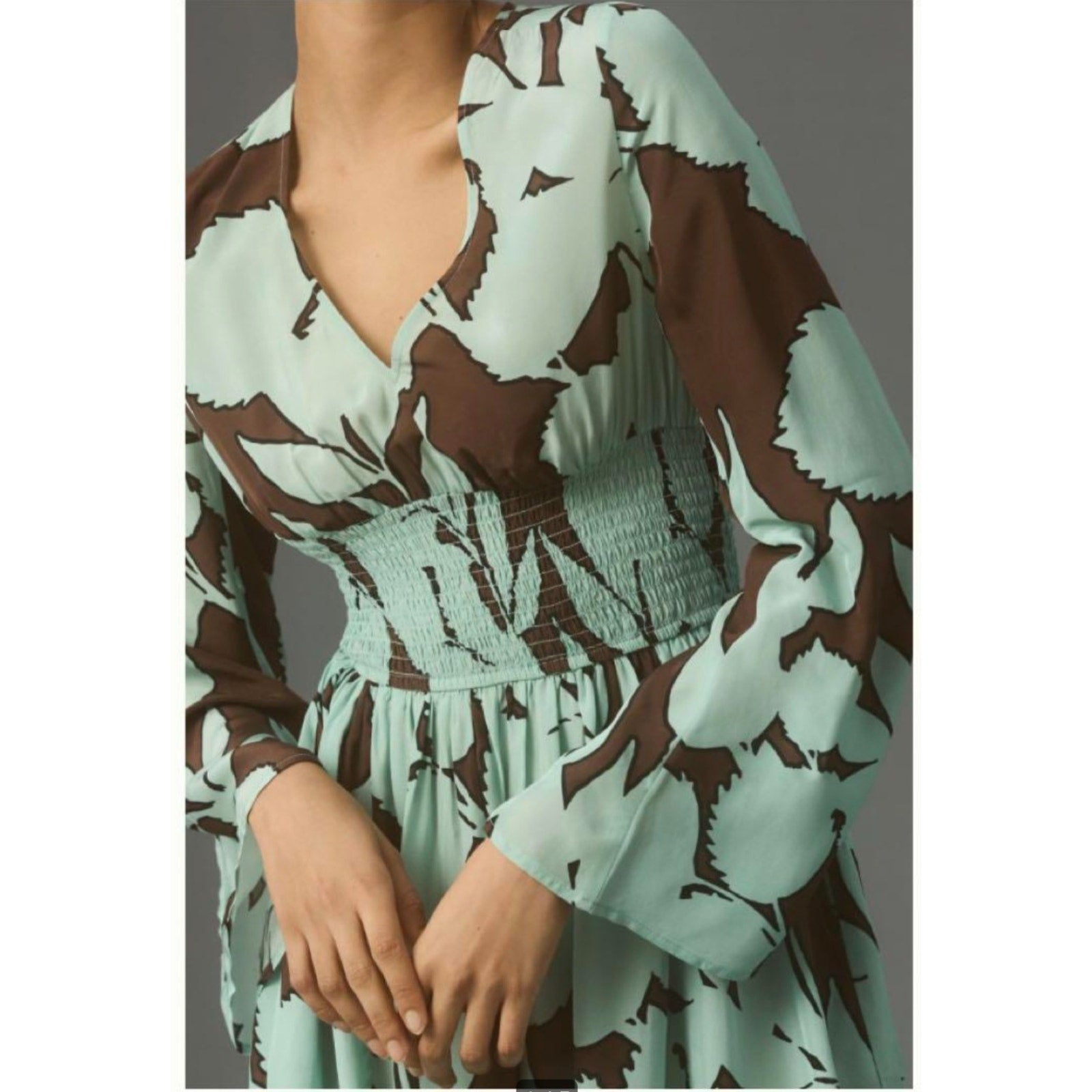 New Anthropologie DHRUV KAPOOR Long Sleeve V-Neck Maxi Dress $248 X-SMALL Brown