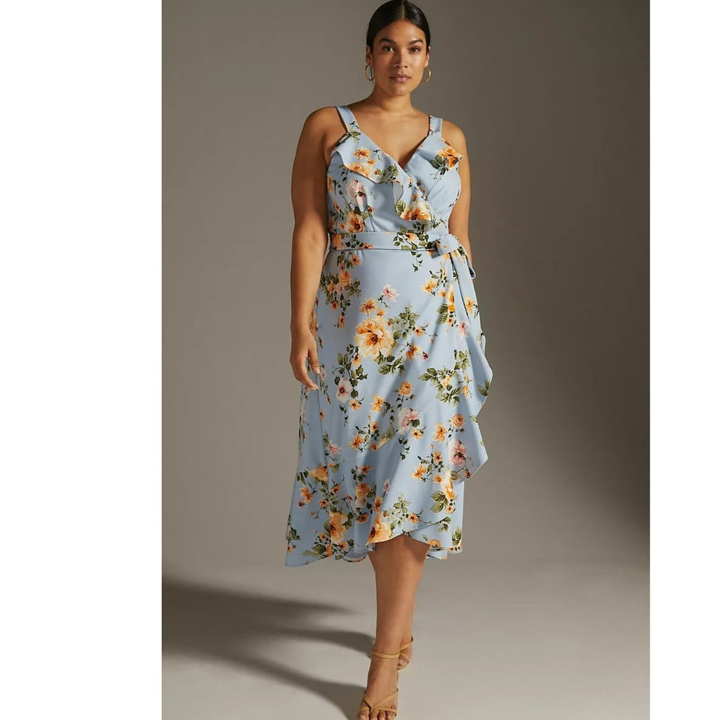 Anthropologie Hutch Eden Wrap Dress $198 XXSP Blue Floral Midi High Low Hem