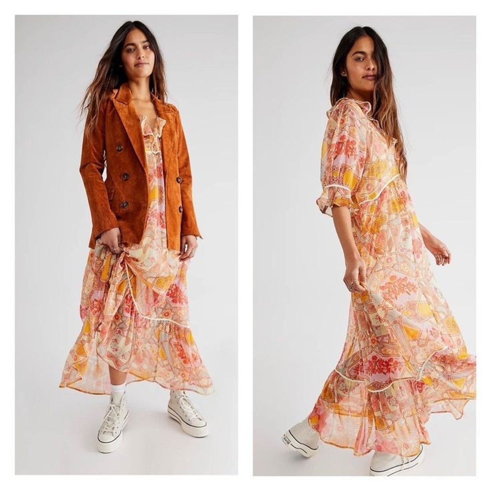 New Free People Carmella Maxi Dress $198 X-SMALL Ivory Combo Boho Mini Lined