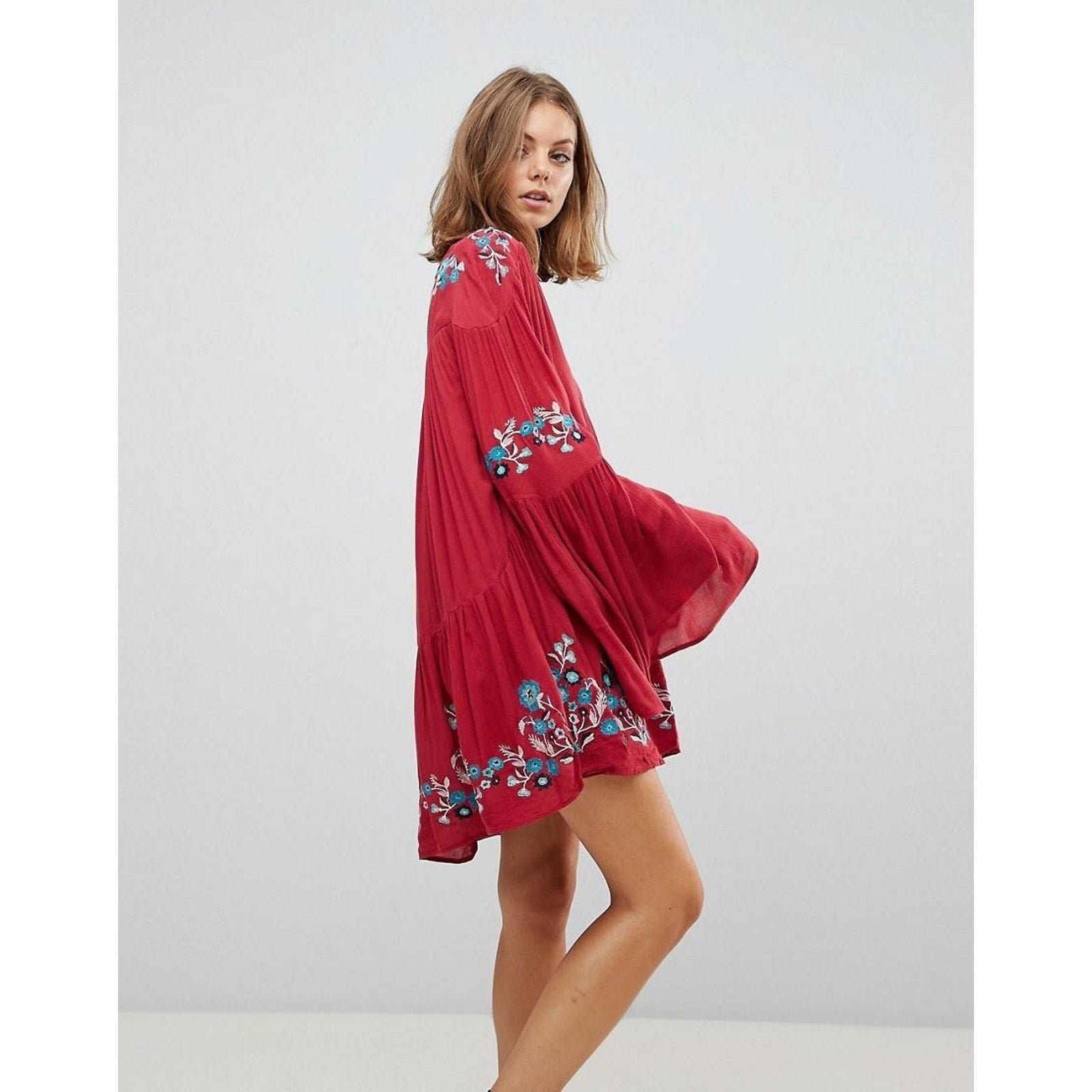 New Free People Te Amo Floral Boho Mini Dress $148 Red Small V-neck Sheer Lined