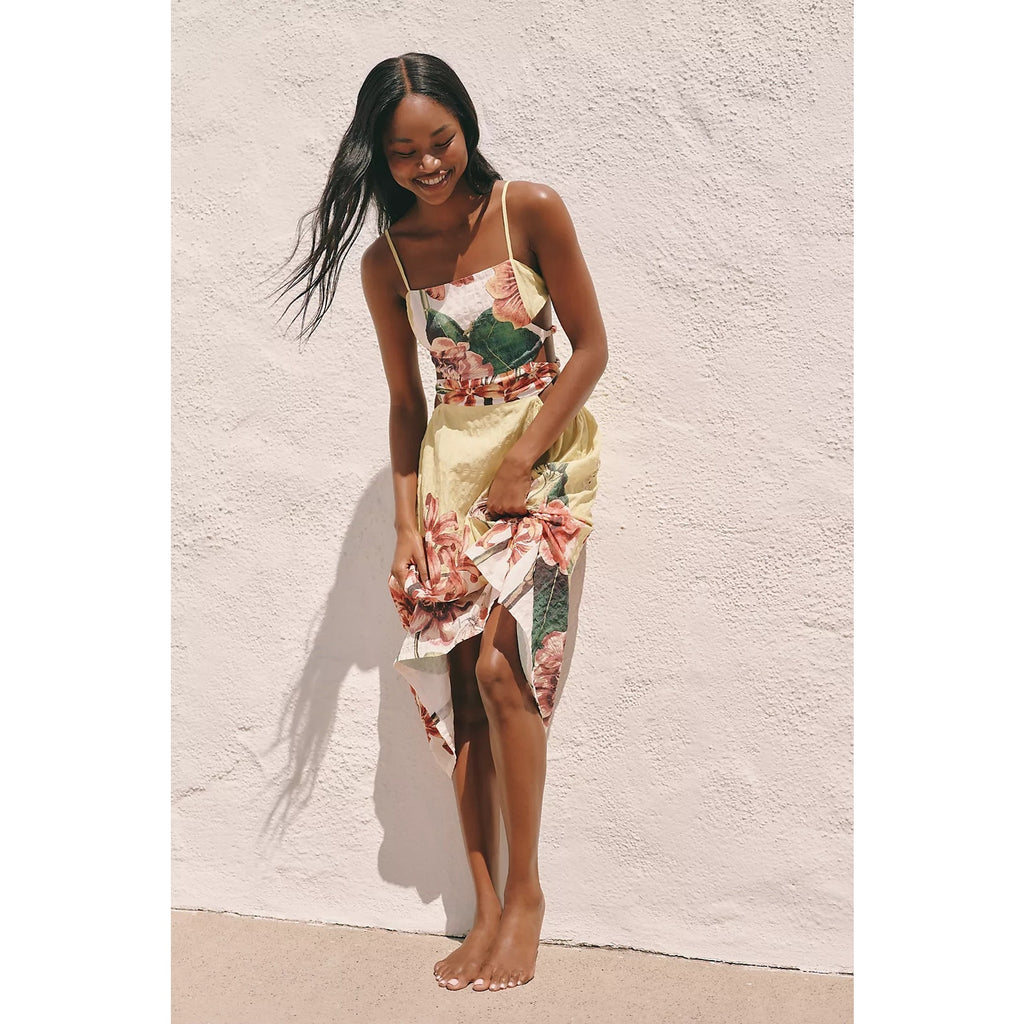 Anthropologie Celandine Beaded Midi Dress MEDIUM Yellow Floral CUTOUTS Anthropologie