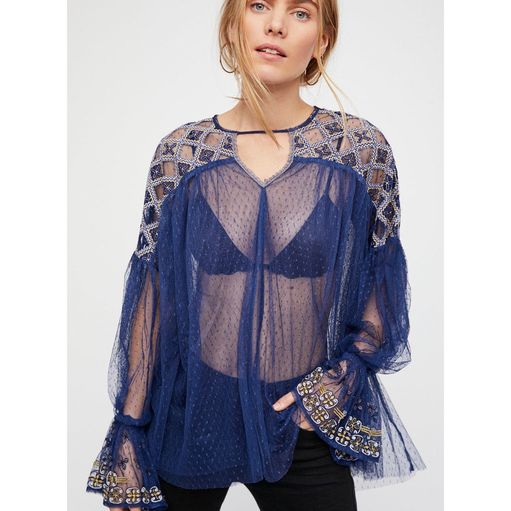 NEW Free People Women's $148 Blue Joyride Long-Sleeve Top Sz M Embroidered Boho