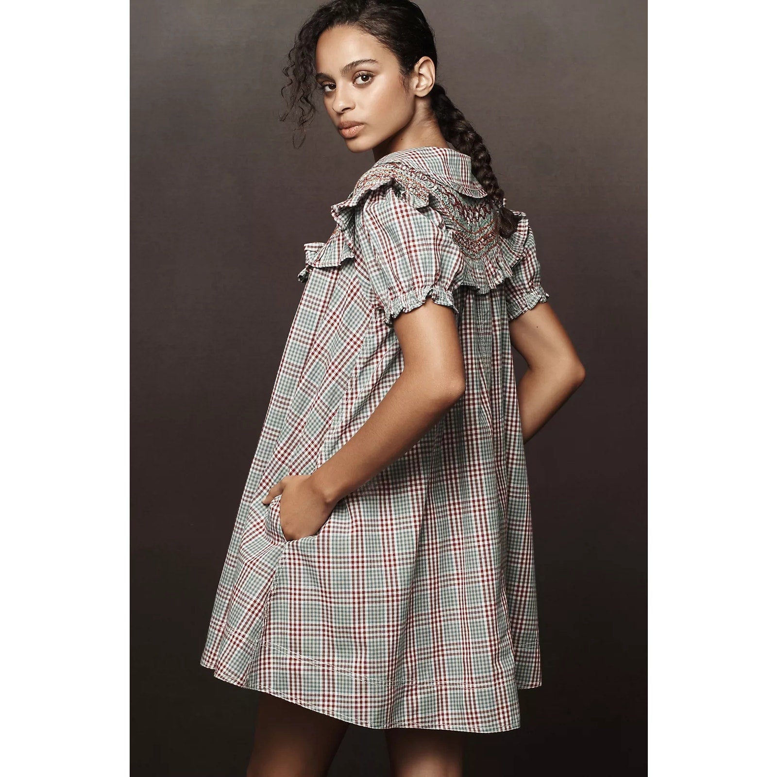 Anthropologie Pilcro Short-Sleeve VNeck Smocked Babydoll Mini Dress