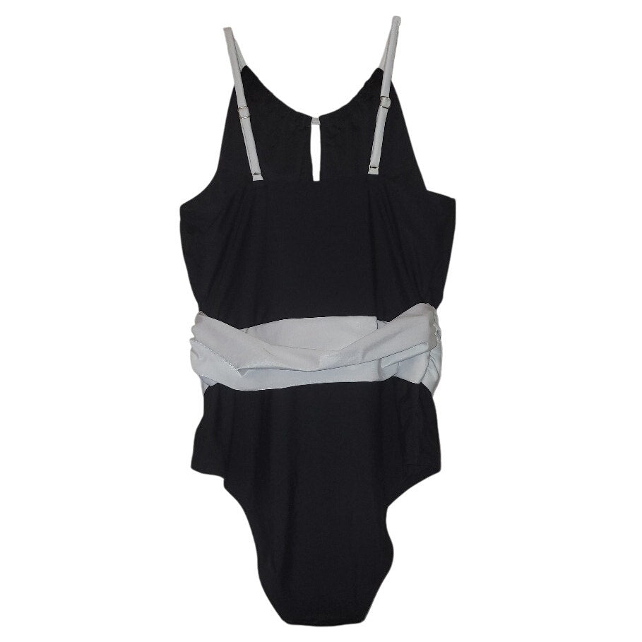 New Anthropologie High-Neck One-Piece Plunge Swimsuit B&W Small Ruched Waist