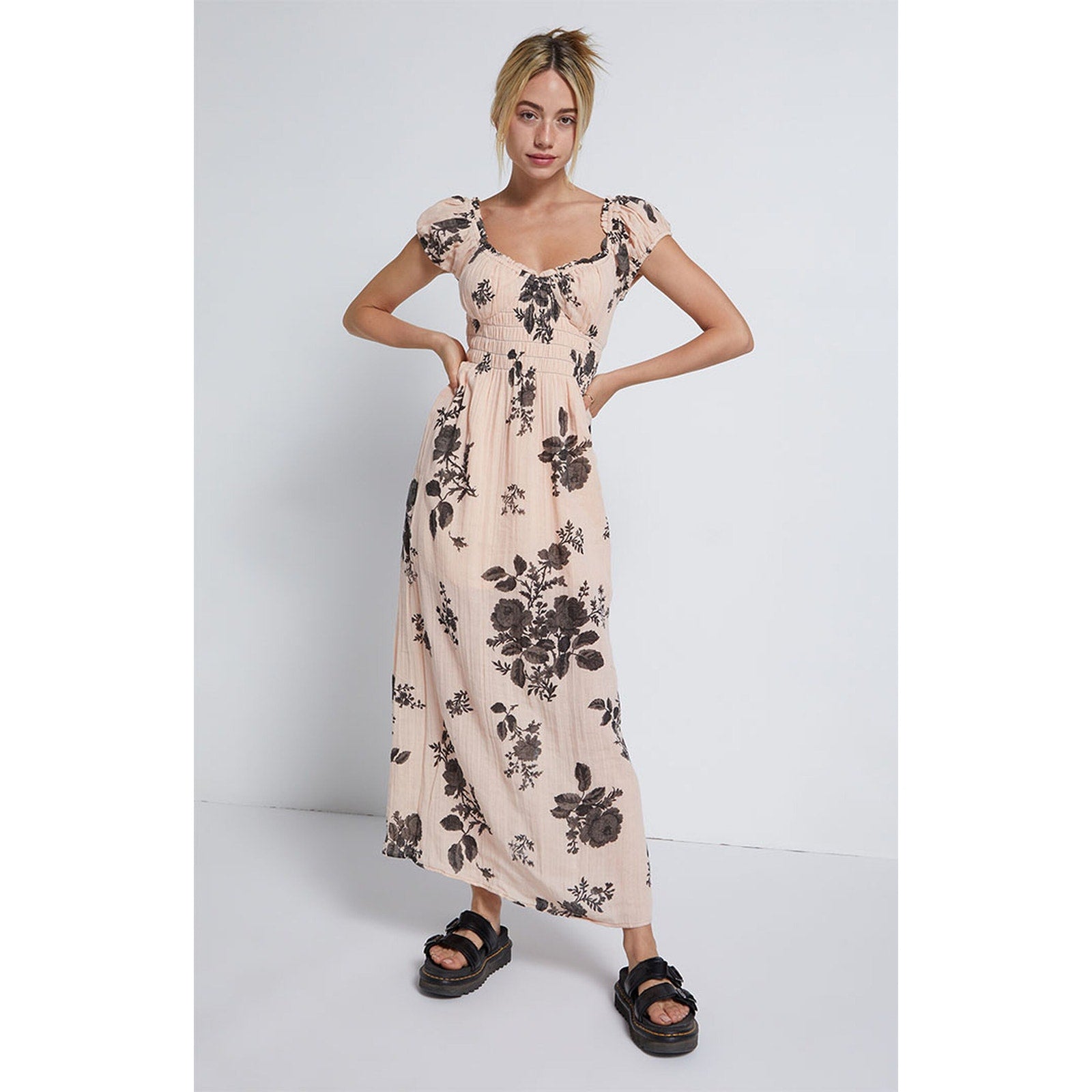 New Free People Forget Me Not Boho Floral Smocked Midi Dress $128 Small Peach