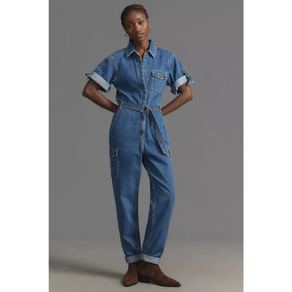Anthropologie x KIVARI Natalie Short-Sleeve Denim Jumpsuit $300 XXS US Sz 0