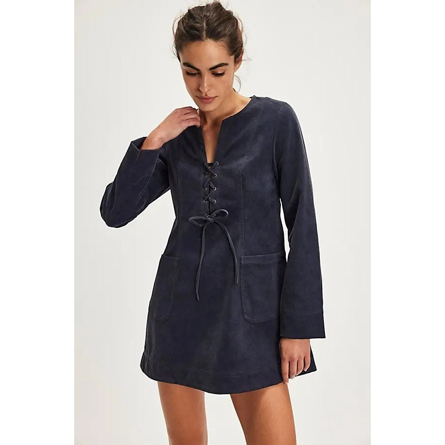 New Free People Bradley Faux Suede Shift Style Mini Dress $168 X-SMALL Lace-up