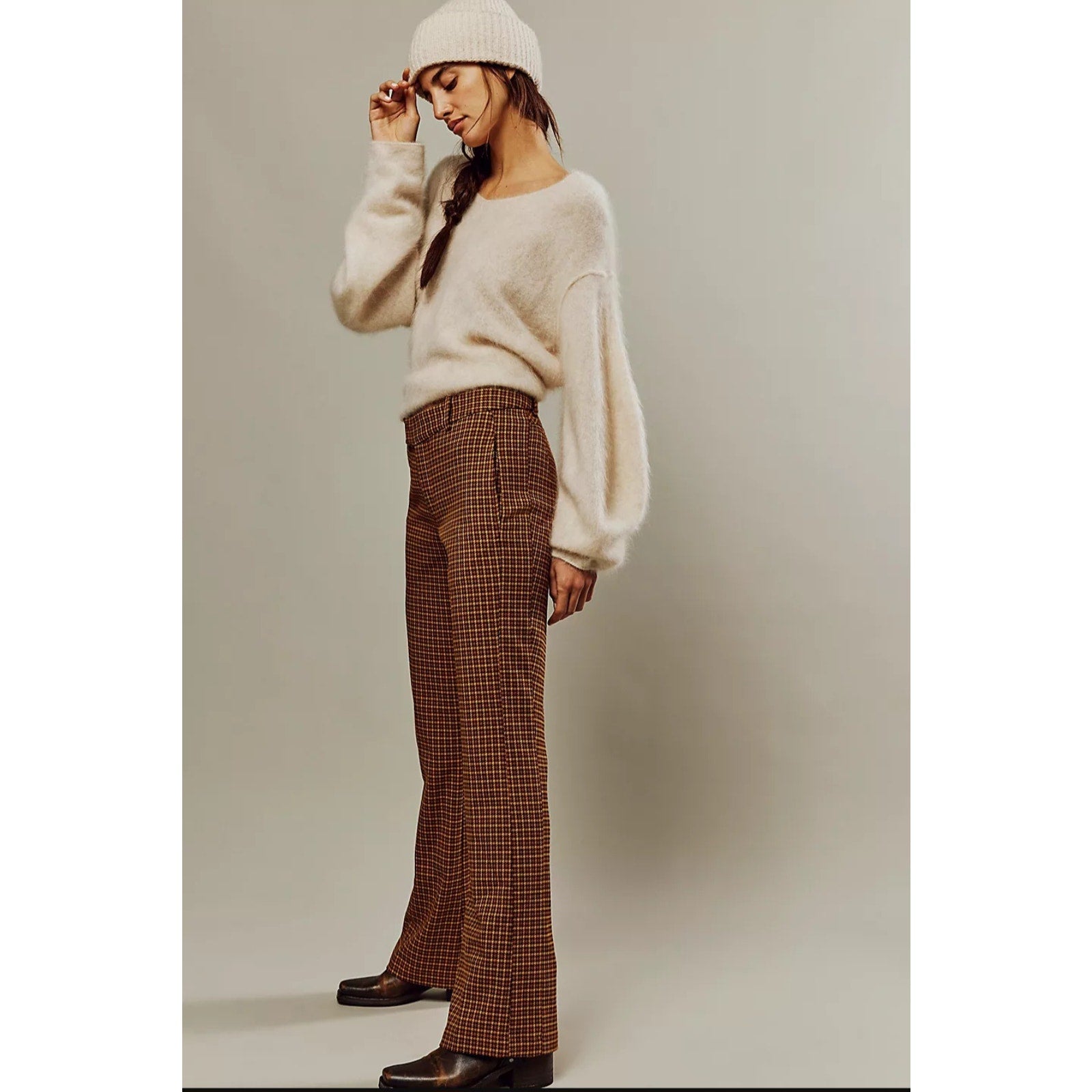 Free People Jana Flare Trousers $98 SIZE 2 Brown Houndstooth Motif