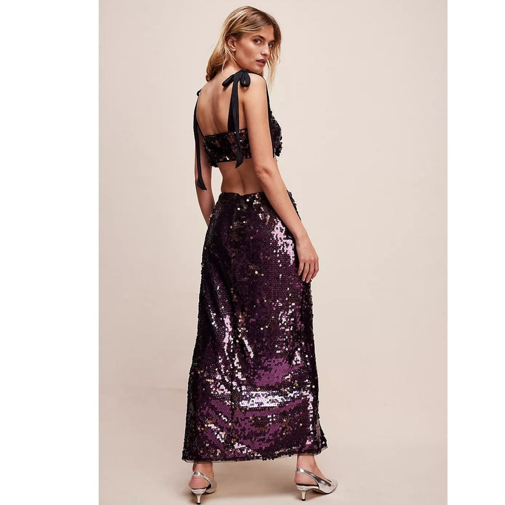New FREE PEOPLE Star Bright Maxi Skirt Set SEQUINED $198 SIZE 4 Purple Lilac