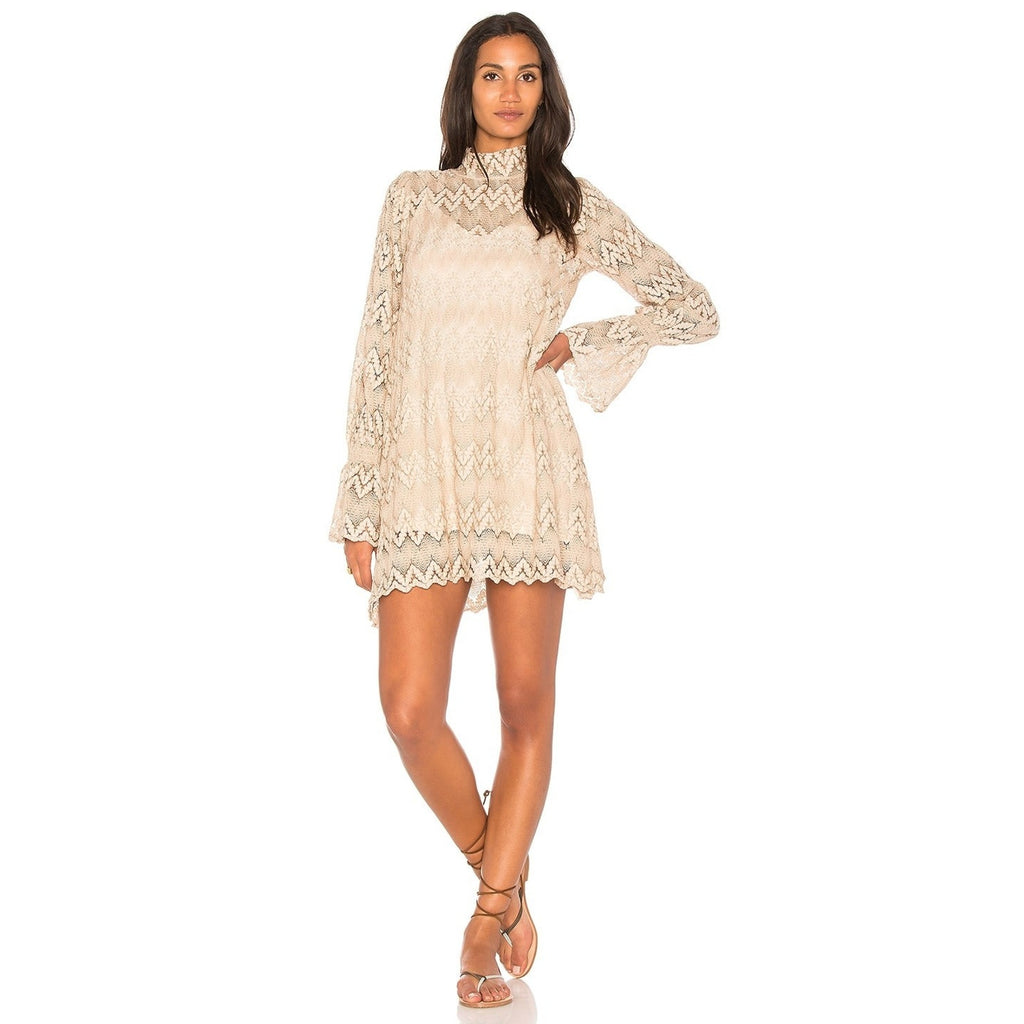 New Free People Simone Neutral Crochet Lace Mini Dress $128 Small Mock Taupe