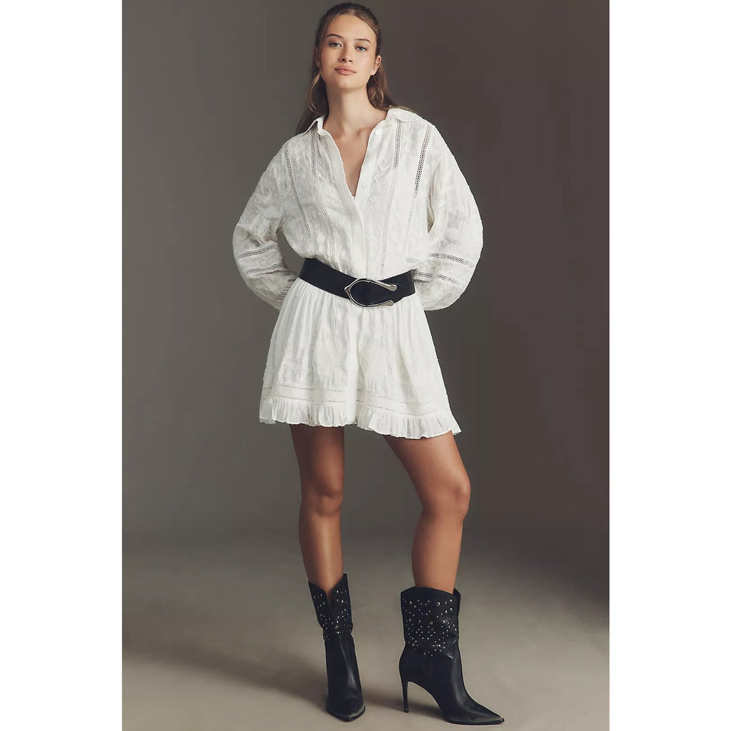 Anthropologie Embroidered Mini Shirt Dress SMALL White Long Sleeve Anthropologie