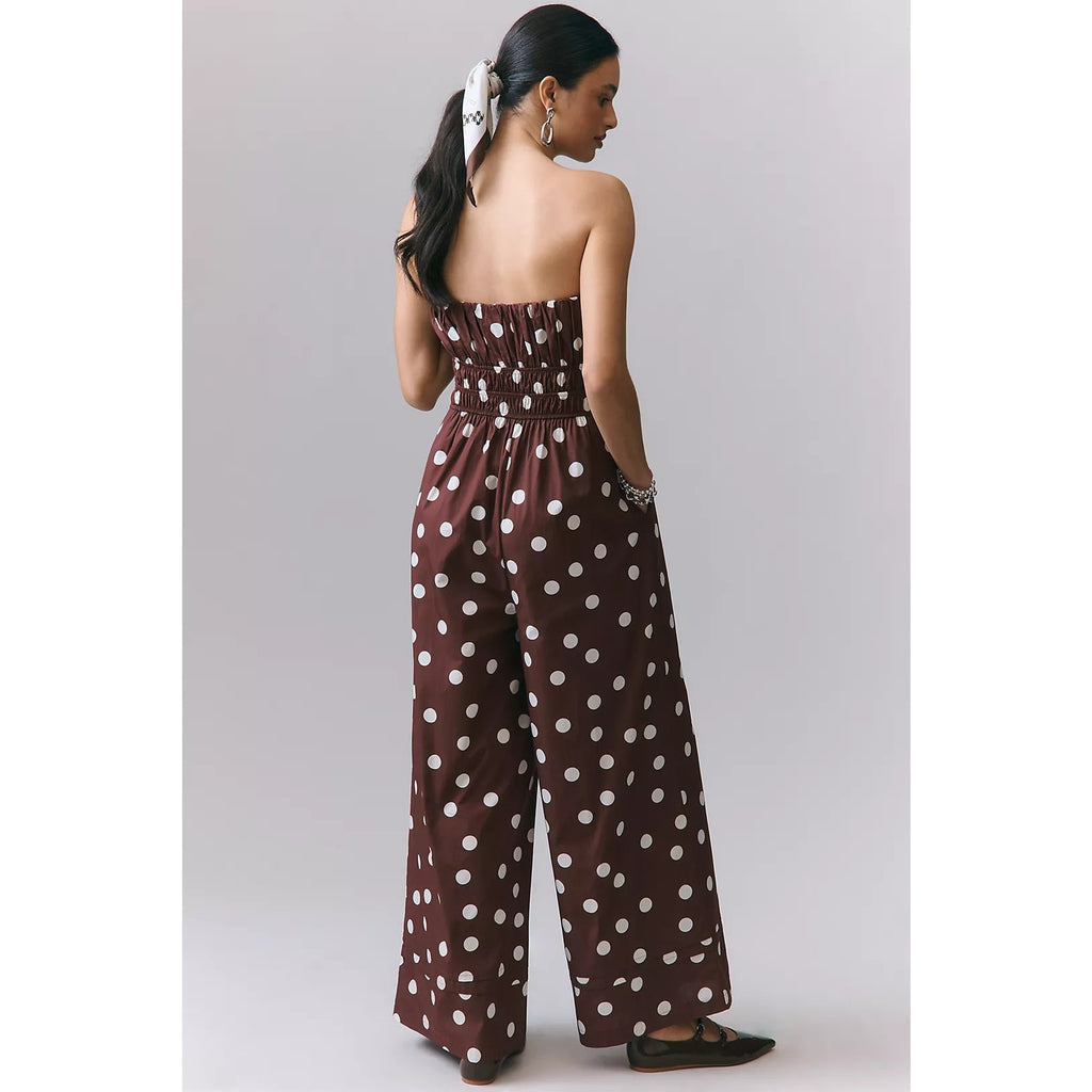 Anthropologie The Somerset Strapless Jumpsuit SMALL Brown POLKADOT Anthropologie