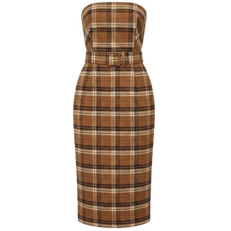 Anthropologie Strapless Belted Midi Dress $178 SIZE 6 Brown PLAID Wool