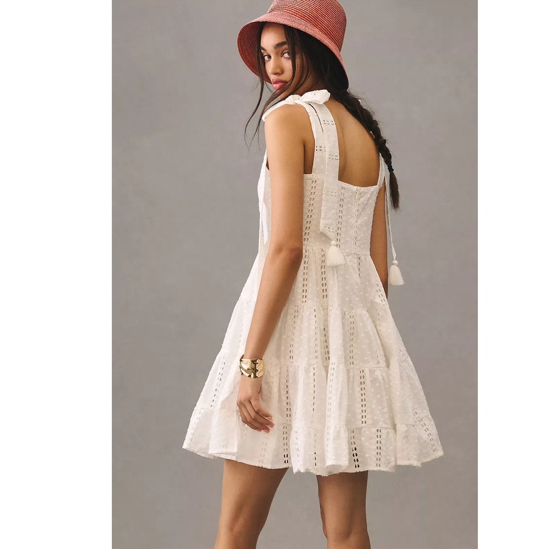 New Anthropologie Mille Shoulder-Tie Mini Dress $278 SMALL Cotton Eyelet Lace