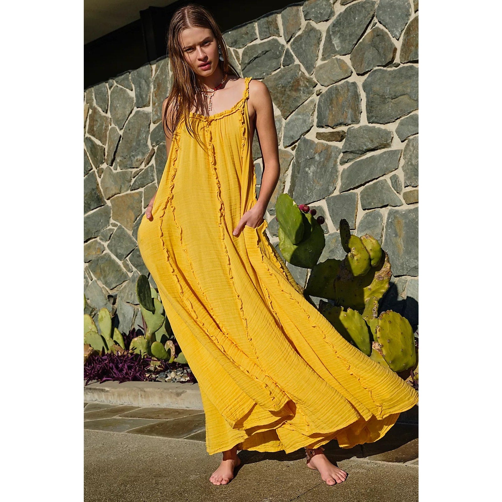 New Free People ENDLESS SUMMER Mckinley Maxi Dress $108 X-SMALL Yellow Boho