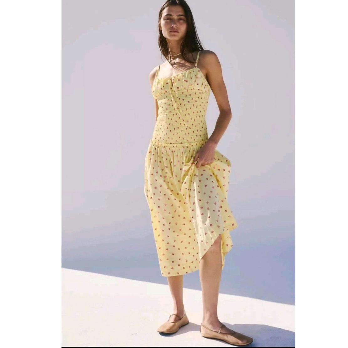 FREE PEOPLE Lavender Daze Dress MIDI LARGE Yellow Strawberry Free People