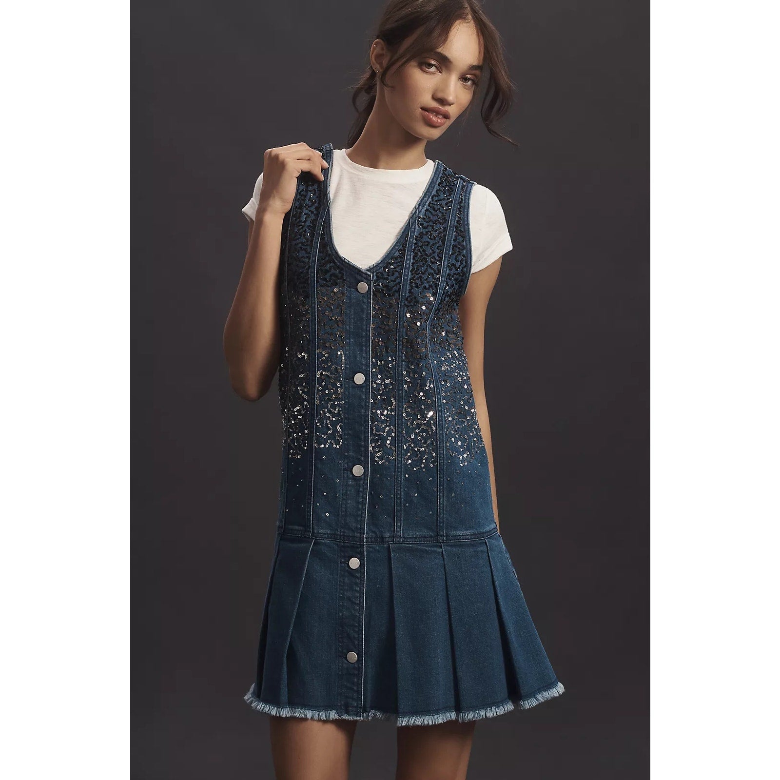 Anthropologie Pilcro Sparkle Denim Button-Front Mini Dress $198 MEDIUM Blue