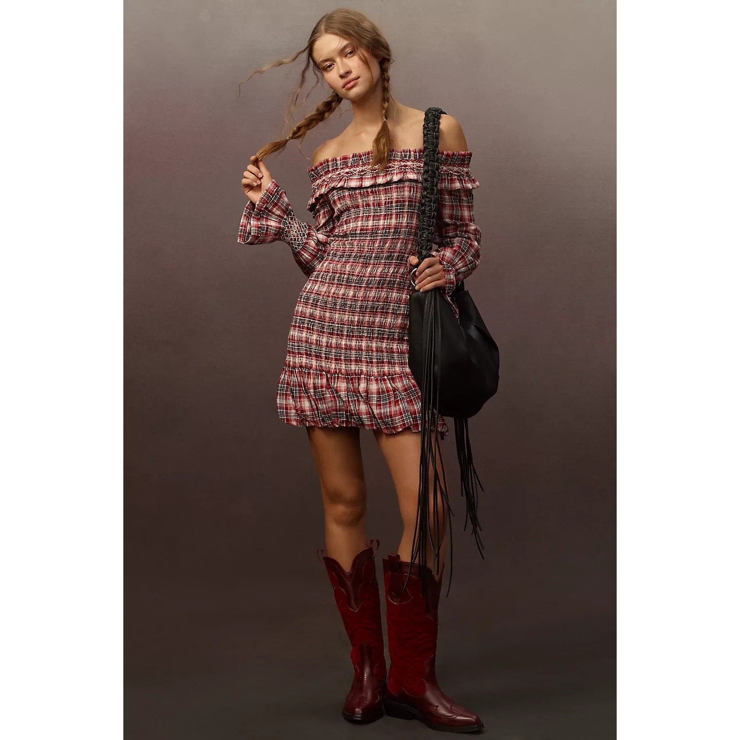 Anthropologie Pilcro Smocked Plaid Mini Dress $168 LARGE Red Long-Sleeve