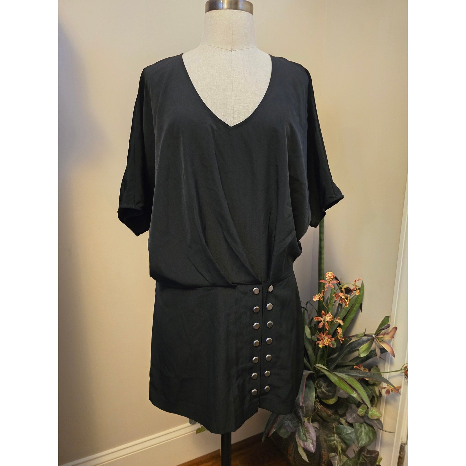 New Free People Harper Mini Dress $128 BLACK Size 6 Metal Studded Buttons