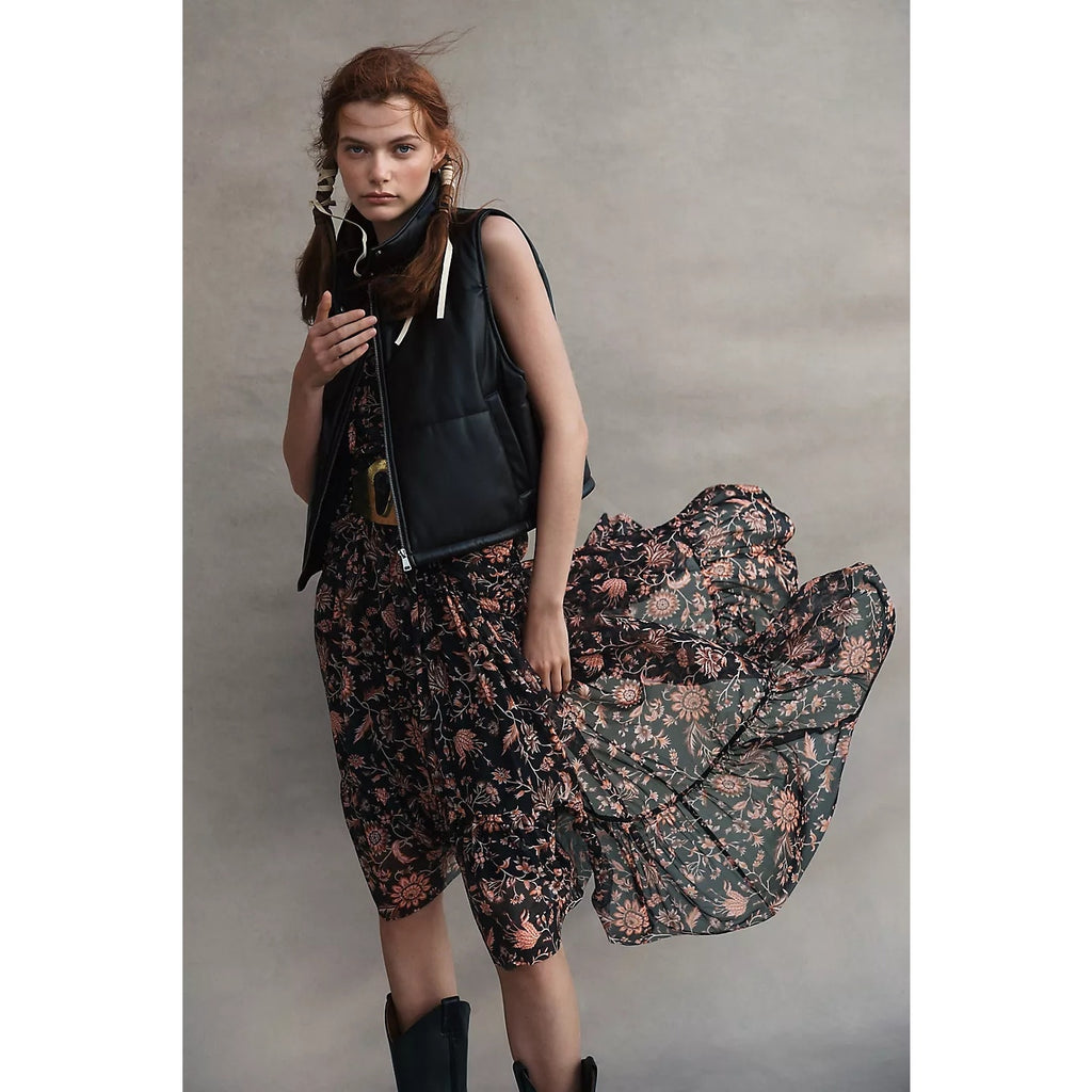 New ANTHROPOLOGIE 4SI3NNA V-Neck Sleeveless Midi Dress $148 SMALL Floral Black
