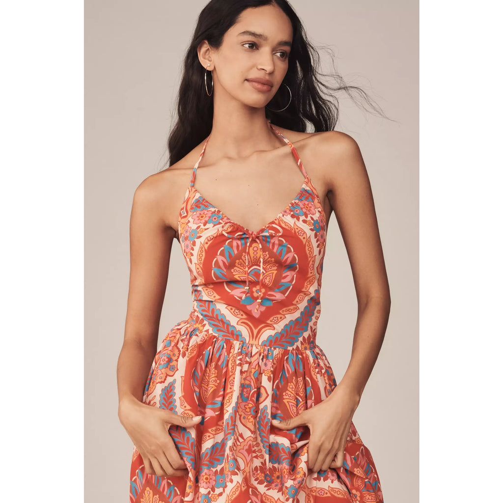 Anthropologie Love The Label Rita Halter A-Line Midi Dress LARGE Orange Anthropologie