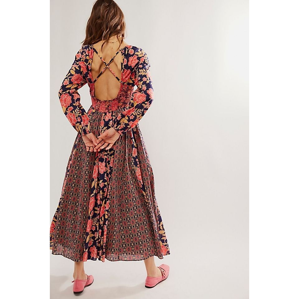 New Free People A New Way Floral Maxi Dress $168 X-SMALL Navy Combo Smocked