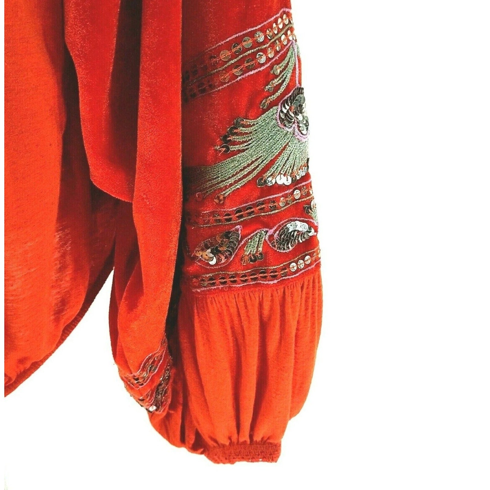 New Free People Hearts Aflame Orange Balloon Long-Sleeve Sequin Top $128 S Red