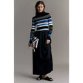 Twofer maxi dress: blue-striped knit top, long sleeves, black gathered skirt