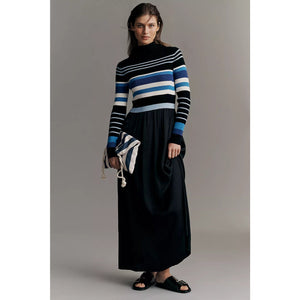 Anthropologie Thea Long-Sleeve Twofer Maxi Dress MEDIUM Blue Stripe