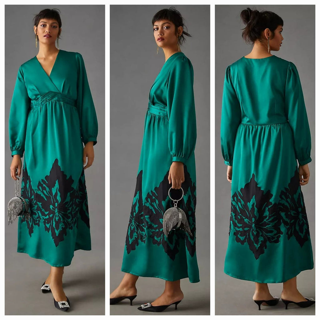 New Anthropologie Nikasha Embroidered Satin Dress $260 XXS Green