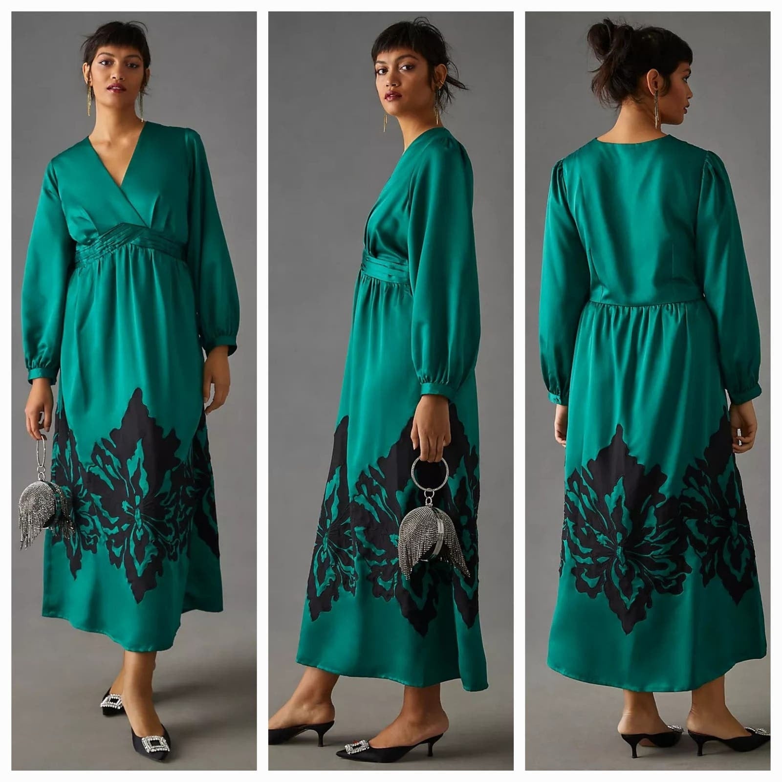 New Anthropologie Nikasha Embroidered Satin Dress $260 XXS Green