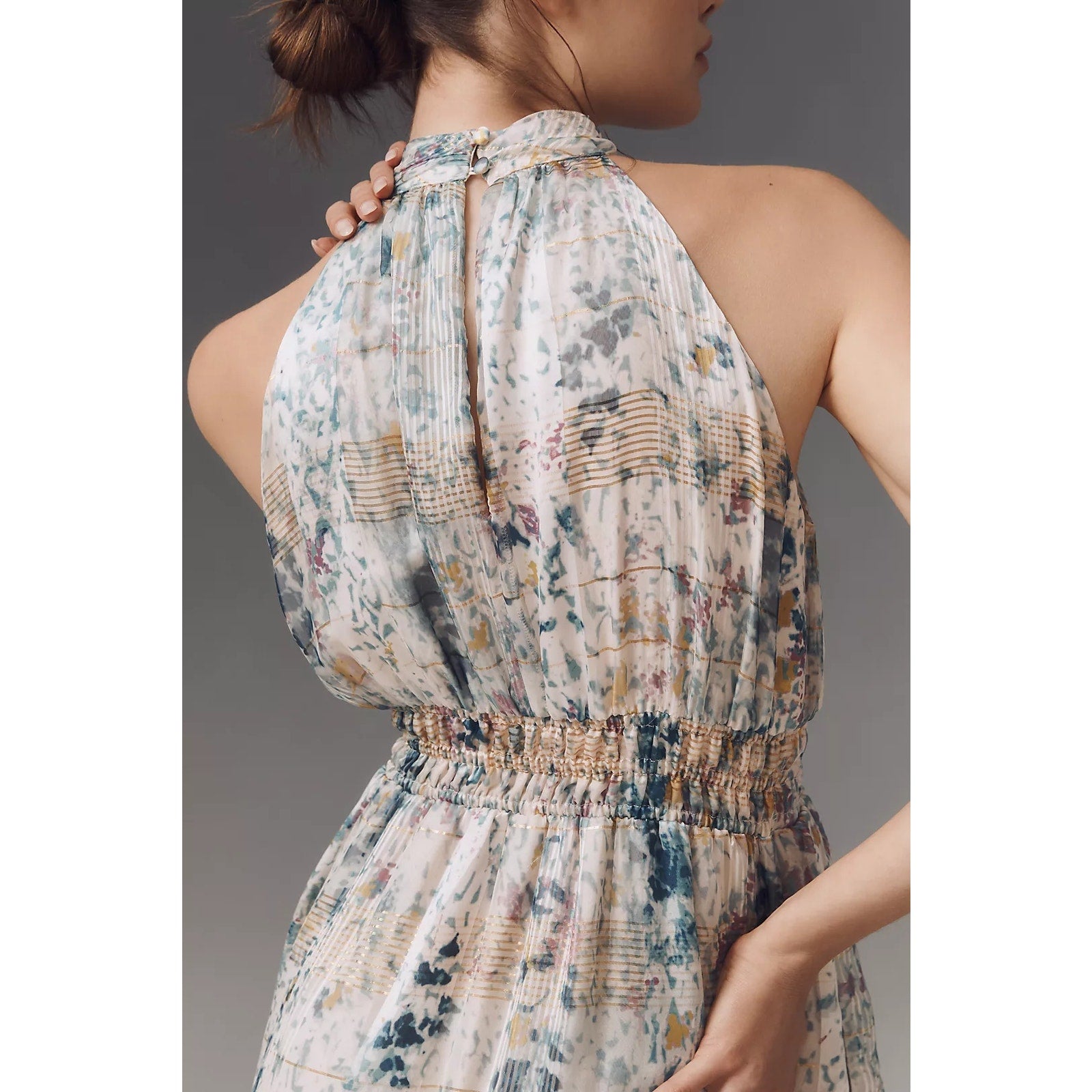 Anthropologie The Somerset Chiffon Maxi Dress SMALL Blue Gold Motif Anthropologie
