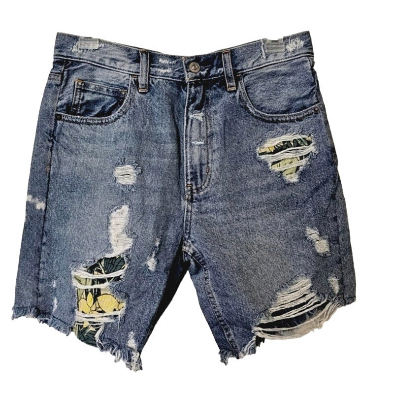 New Free People WTF Distressed Patched Denim Shorts $128 SIZE 25 Blue/Yellow