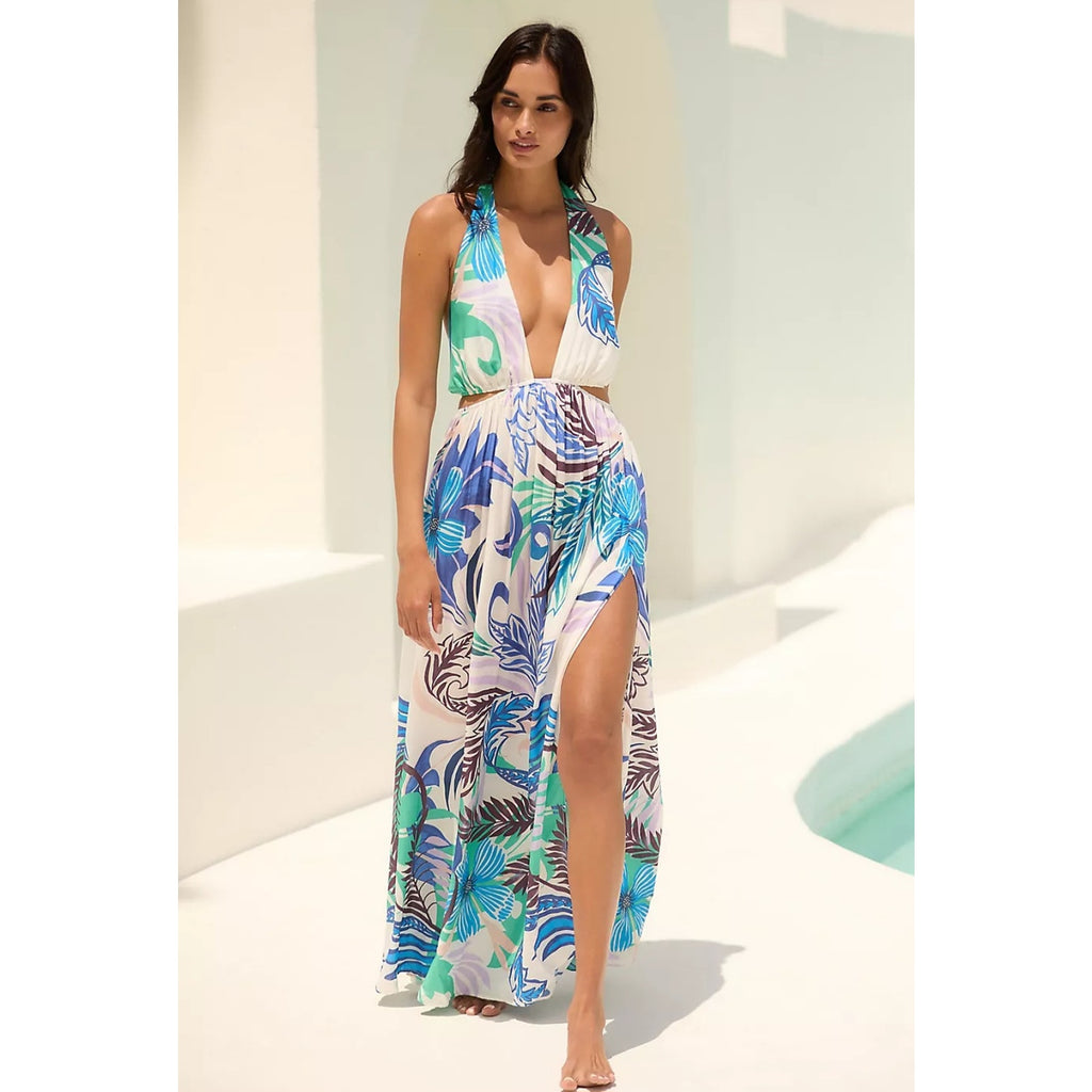 New By Anthropologie Plunge Cutout Maxi Dress $118 LARGE Halter Blue Tropical