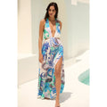 New By Anthropologie Plunge Cutout Maxi Dress $118 LARGE Halter Blue Tropical