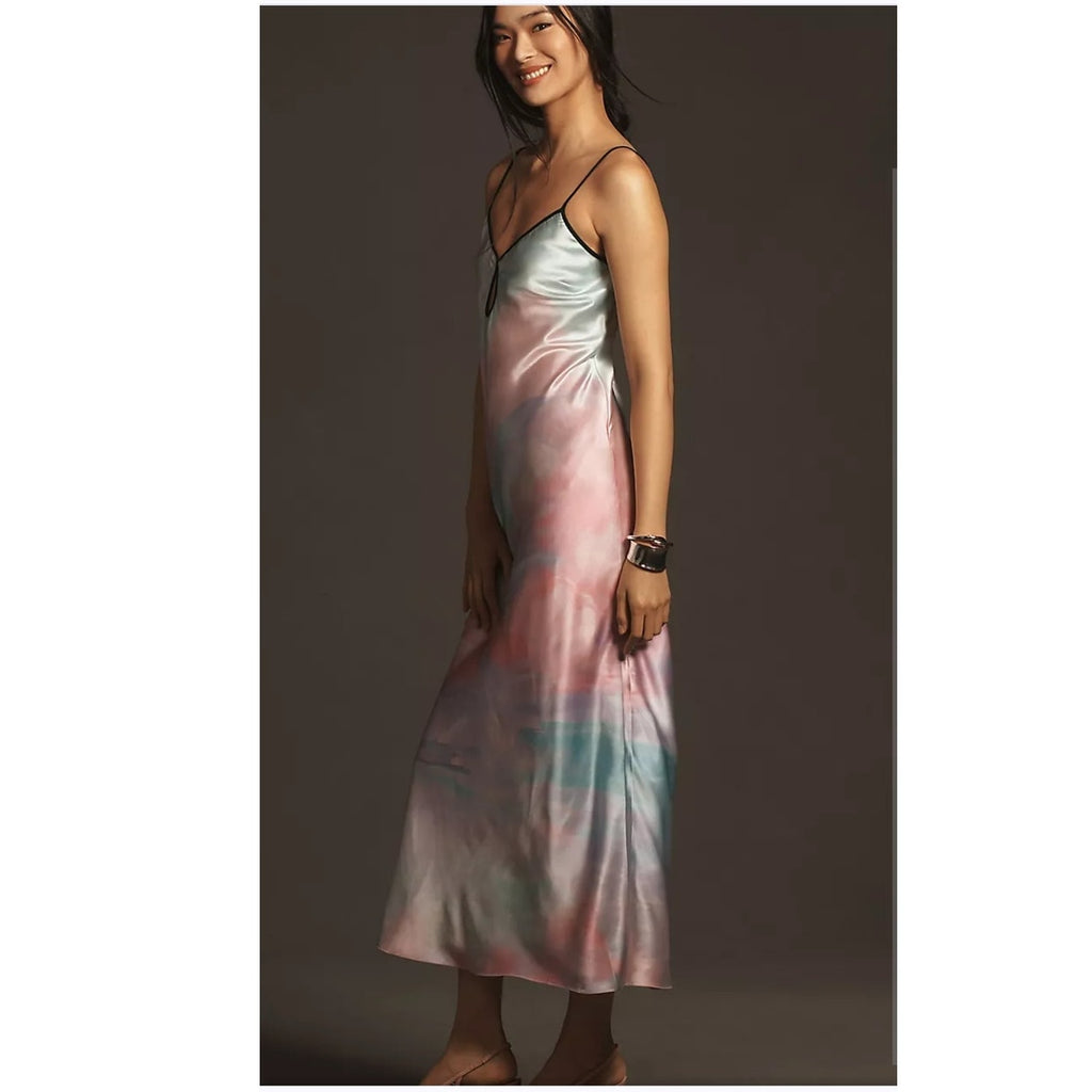 Anthropologie Geisha Designs Printed Slip Midi Dress $188 SMALL Pink SATIN