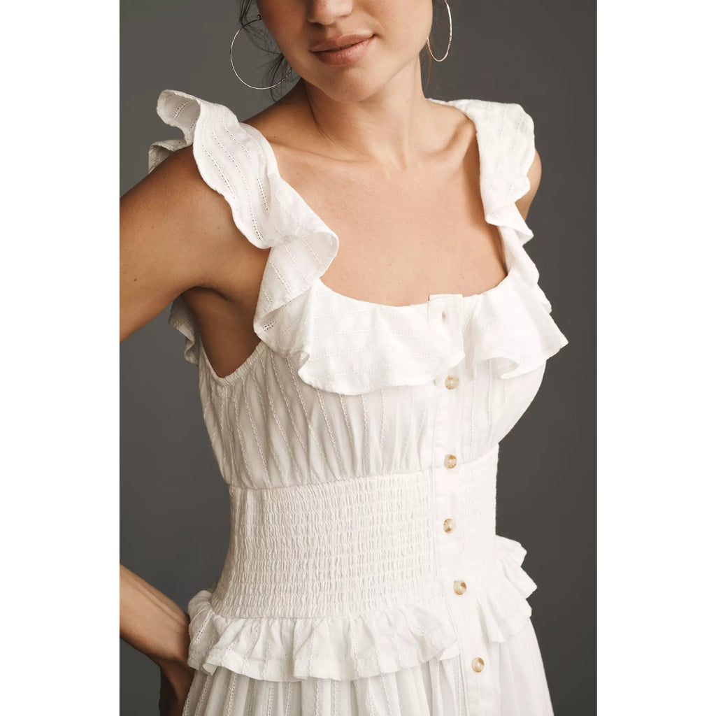 Anthropologie Pilcro Ruffled Smocked-Waist Button-Front Midi Dress L White Anthropologie