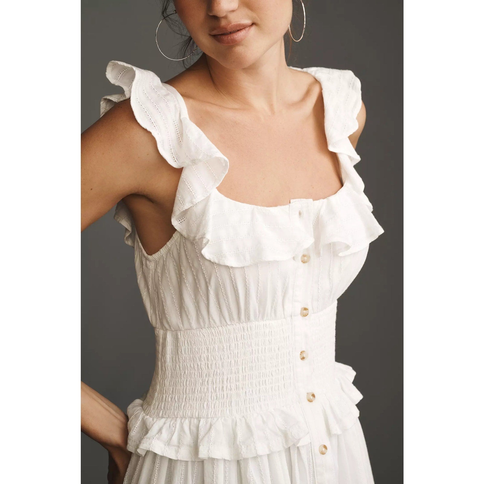 Anthropologie Pilcro Ruffled Smocked-Waist Button-Front Midi Dress L White Anthropologie
