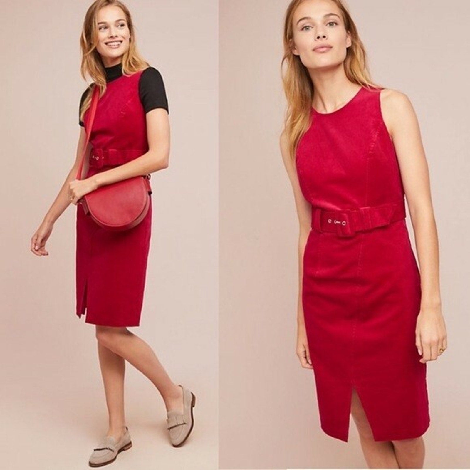 NEW Anthropologie Adria Moss Belted Corduroy Mini Dress $168 Size 6 Red