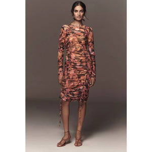 Farm Rio x Anthropologie Ruched Midi Dress SMALL Graphic Flowers ORANGE