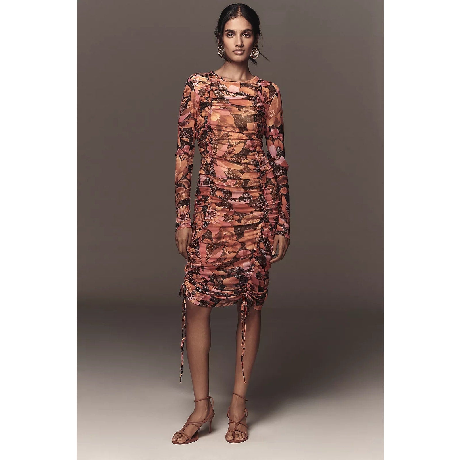 Farm Rio x Anthropologie Ruched Midi Dress SMALL Graphic Flowers ORANGE Anthropologie